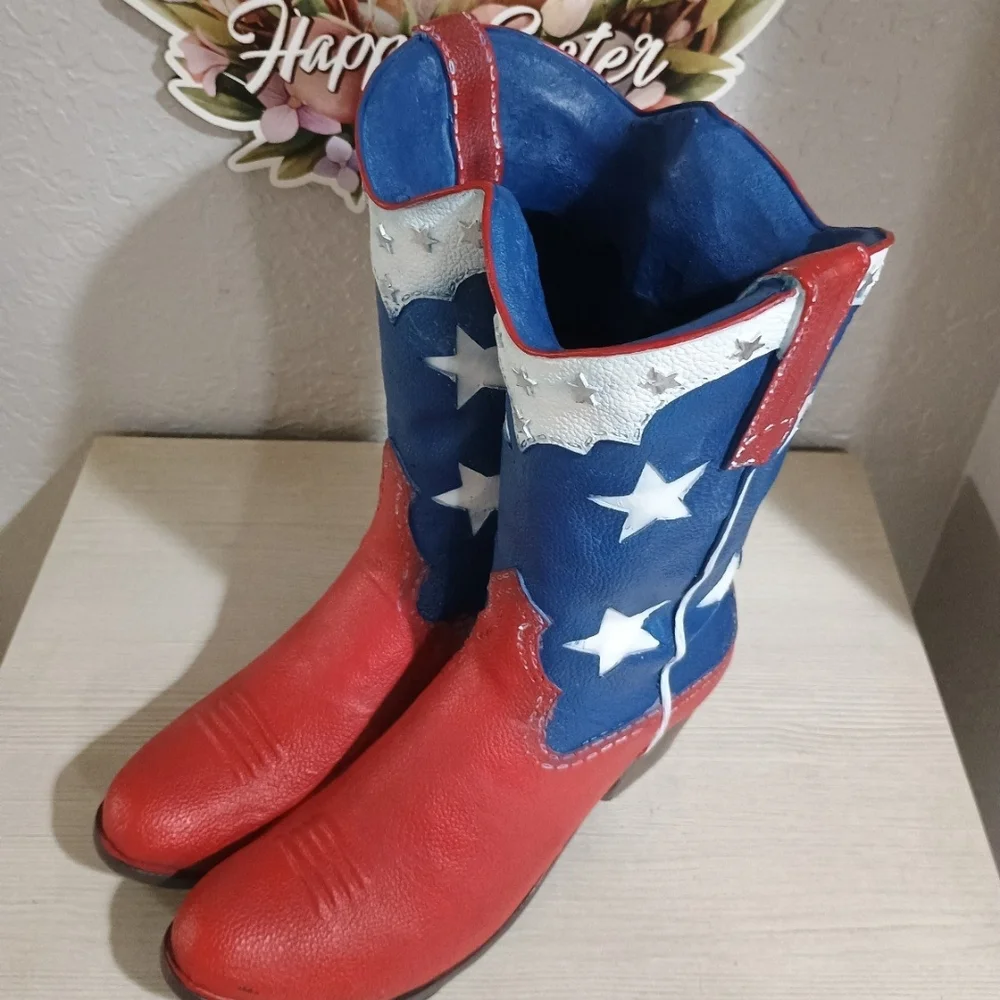 12" Patriotic Cowboy Boots Planter Pot Vase 4th July USA Memorial Day New - Picture 2 of 6
